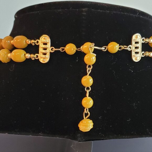 Vintage Beaded Two Layers Necklace and Earrings Set Yellow 27" Made in Hongkong - Picture 8 of 11